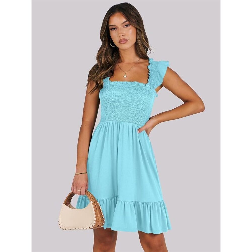 Sky Blue Casual Sleeveless Square Neck Dress Sundress